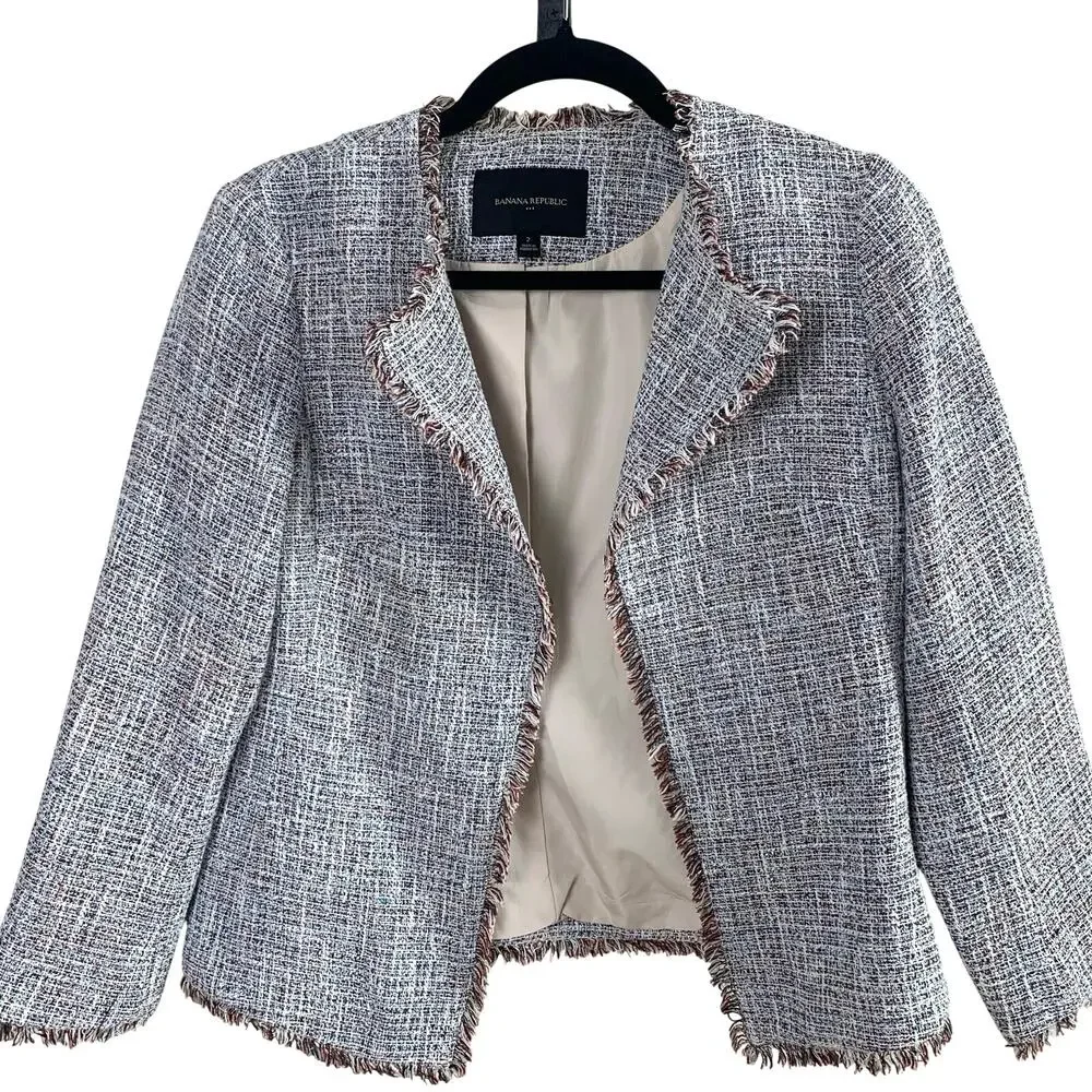 Banana Republic Tweed Open Front Fringe Jacket Blazer Blue White Size 2